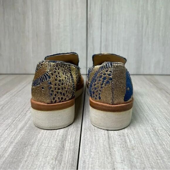 Free People Snake Eyes Metallic Gold Blue Fabric Flat Loafer Women’s Size 7 37 - Picture 7 of 10